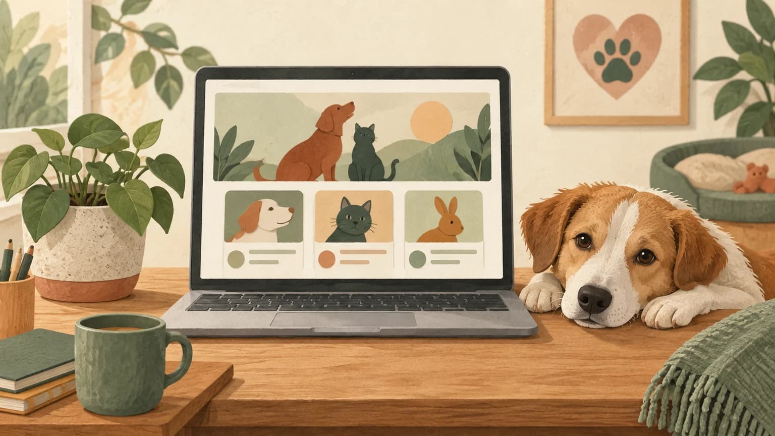Illustration: Laptop mit Vereinswebsite, Hund und Zimmerpflanze