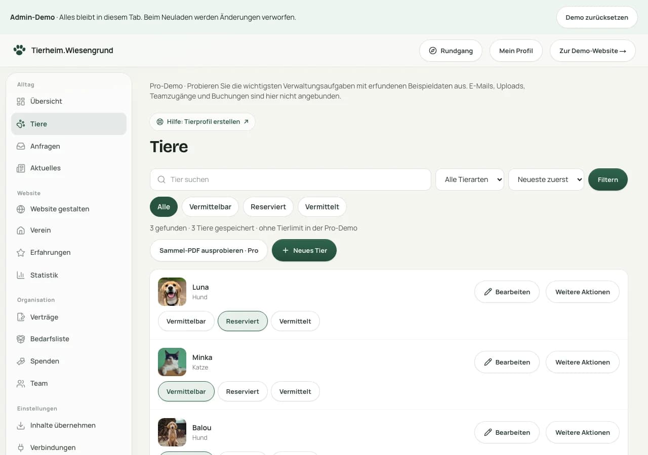Tierübersicht in der Pfotenweb-Demoverwaltung mit Beispielinhalten