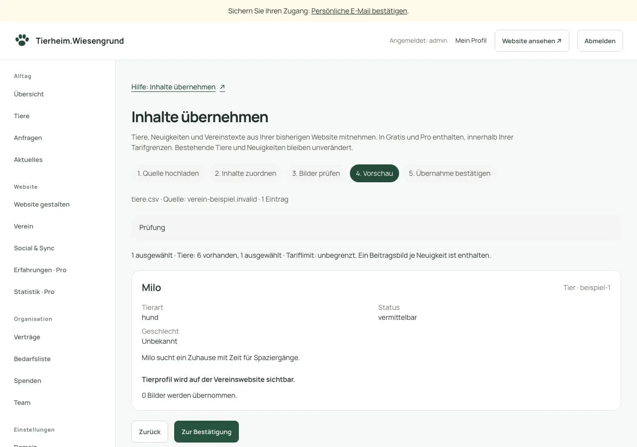 Importvorschau für das fiktive Tier Milo mit Hinweis auf die spätere öffentliche Sichtbarkeit.