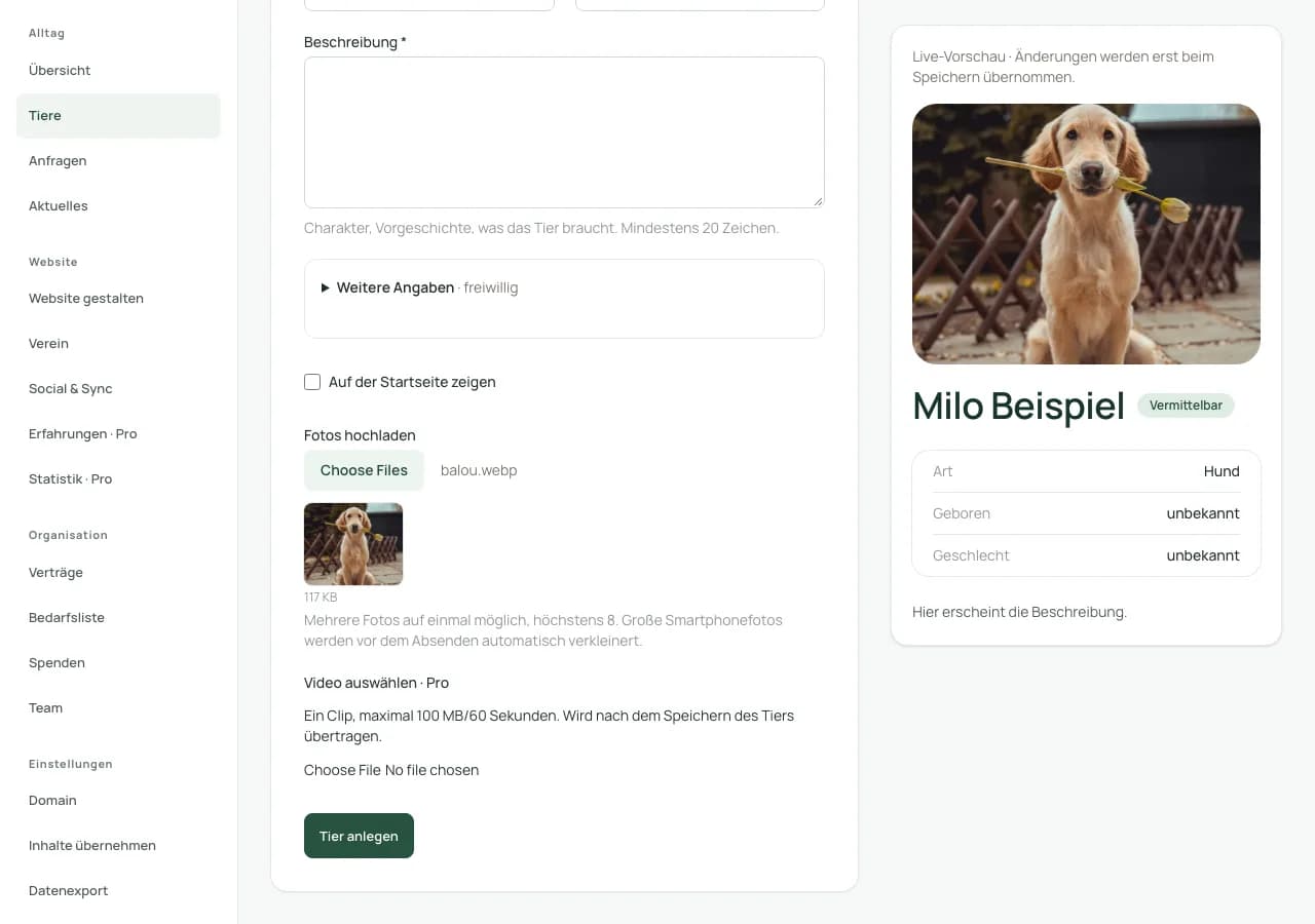 Tiereditor mit vorbereitetem Beispielfoto und Live-Vorschau vor dem Speichern.