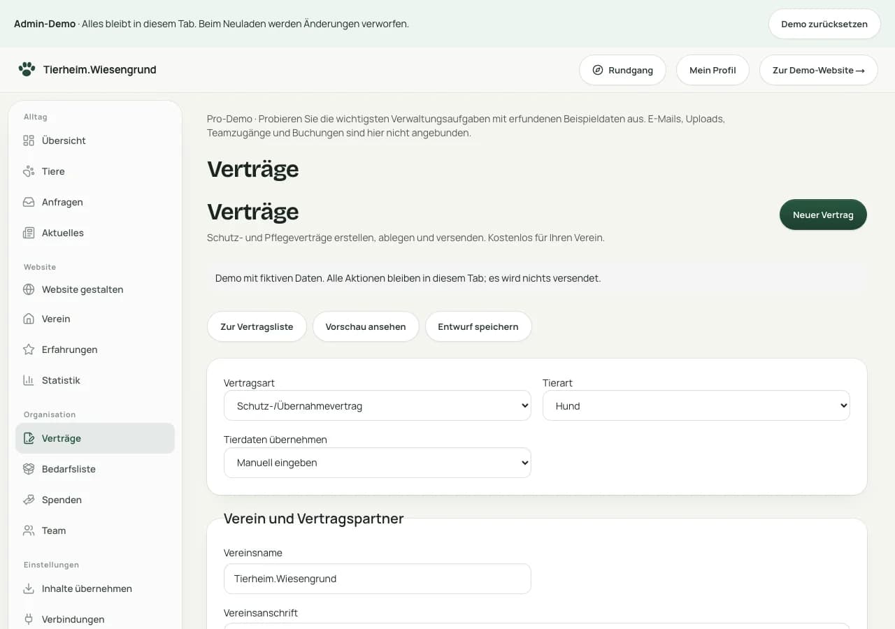 Der Vertragsgenerator in der Pfotenweb-Demo: Vereins- und Vertragspartnerdaten ausfüllen