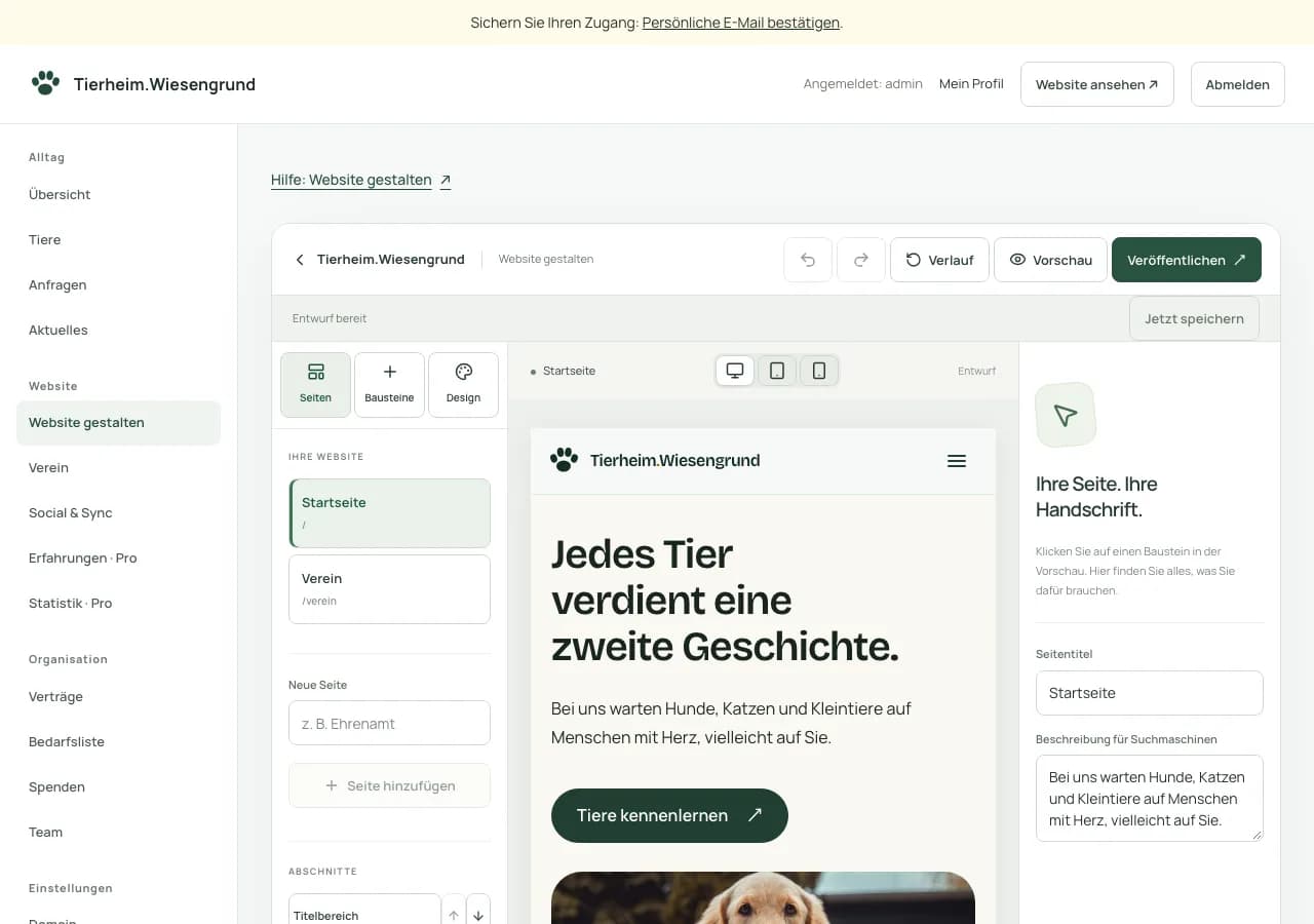 Website-Editor mit getrennten Schaltflächen für Entwurf speichern, Vorschau und Veröffentlichen.